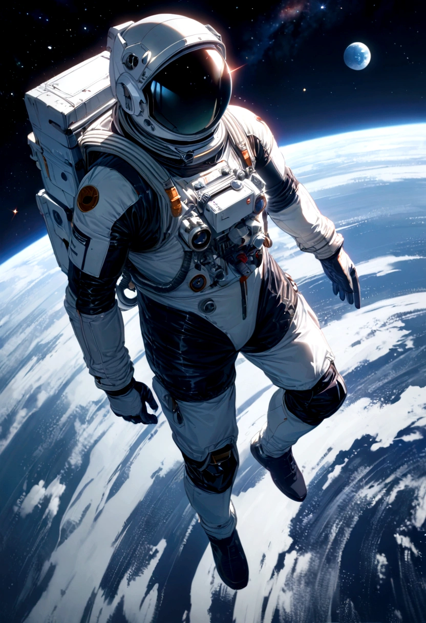 astronaut, intricate detail, Highly Detailed beautiful and aesthetic, amazing quality, (masterpiece), (high quality), wallpaper 8K CG, high resolution, extremely detailed, photorealistic, wide-angle, Top view, depthoffield, beautiful detailed fullbody, single human girl, extremely beautiful detailed anime face and eyes, grin, Beautiful detailed gemological eyes, beautiful detailed face in aerospace helmet, aerospace suit, cosmonaut, (Far Far Away Earth), Floating in space, countless stars, innumerable stars, grand space, delicate background, luminous particles, complex details,