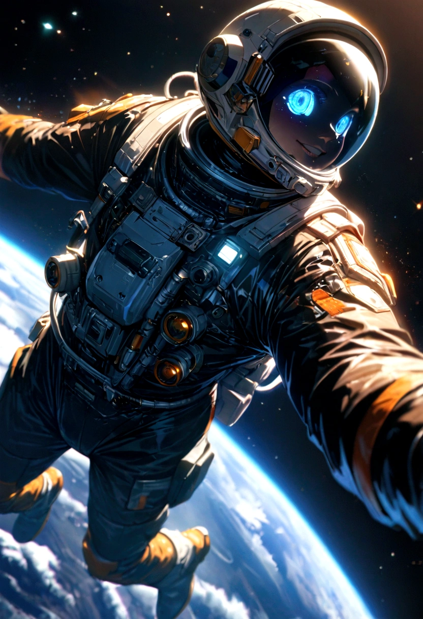 astronaut, intricate detail, Highly Detailed beautiful and aesthetic, amazing quality, (masterpiece), (high quality), wallpaper 8K CG, high resolution, extremely detailed, photorealistic, wide-angle, Top view, depthoffield, beautiful detailed fullbody, single human girl, extremely beautiful detailed anime face and eyes, grin, Beautiful detailed gemological eyes, beautiful detailed face in aerospace helmet, aerospace suit, cosmonaut, (Far Far Away Earth), Floating in space, countless stars, innumerable stars, grand space, delicate background, luminous particles, complex details,