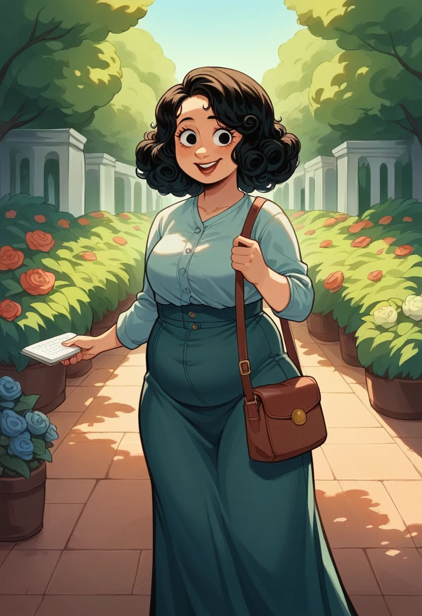 alone, 1 woman 40 years old, mulatto, chubby, Slim waist wide hips, black eyes, Round face, short black curly hair, long side stripe, wearing long gown, with side bag , notebook in hands, garden background, express me happy, Pixar-style