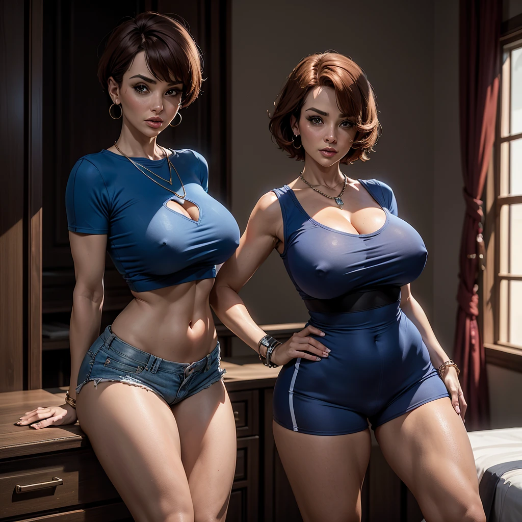 Best quality, full body portrait, red short hair, bob haircut, forehead, 47 year old Lisa Ann, voluptuous body, huge bust, large breasts, blue oversized crop top T-shirt, ((under boobs:1.4)), standing model pose, cameltoe, low waist blue shorts, bdsm bedroom, scene, thick thighs , necklace, rings, earrings, bracelet, watch