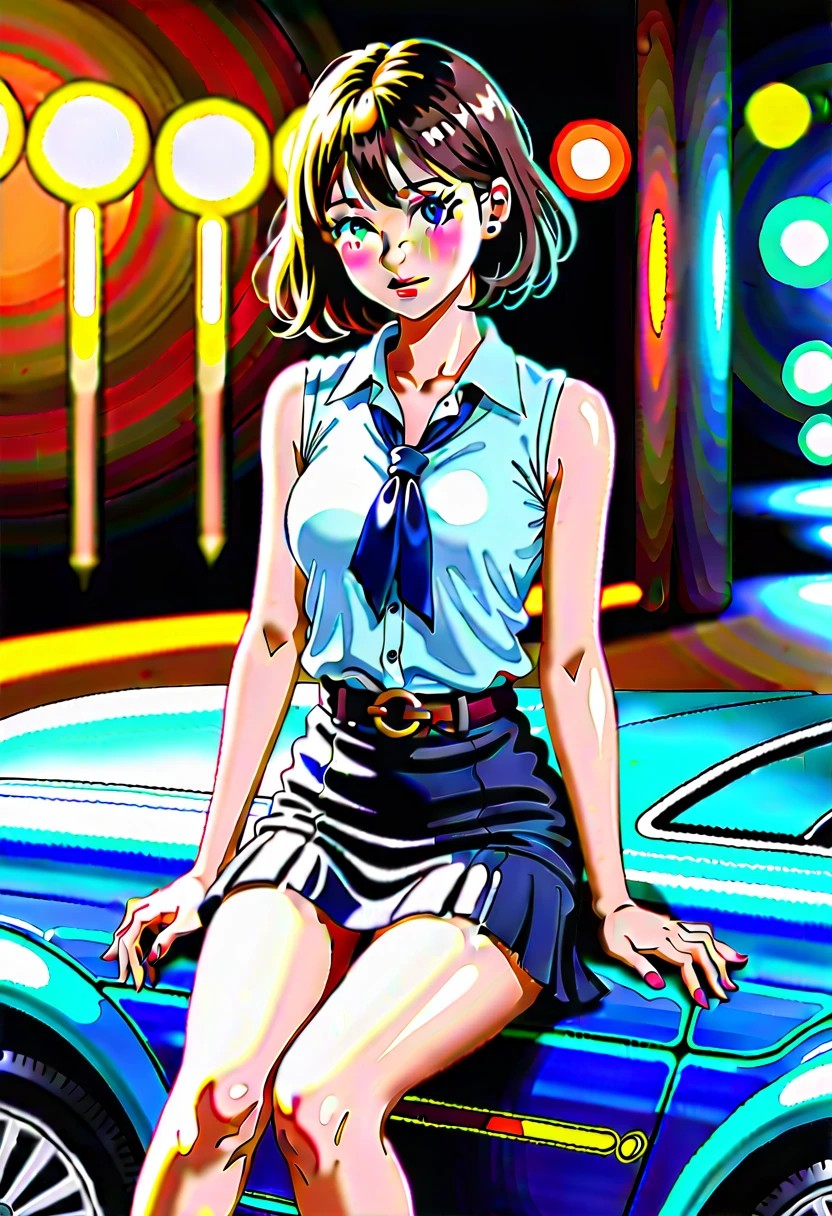 masterpiece, (best quality:1.2), (an extremely delicate and beautiful:1.2), newest, rating:general, expressive eyes, perfect face, perfect hands, (((1girl, full body))), BREAK, pretty young asian woman, pale skin, brown hair, short curly hair, (wearing cornflower-blue ripped sleeveless shirt, collared shirt, navy-blue neckerchief, navy-blue pleated pencil skirt, ripped skirt, black belt with gold circle buckle), sleeping, closed eyes, sitting on car seat, night scene, BREAK, (cornflower-blue ripped sleeveless shirt, collared shirt, navy-blue neckerchief, navy-blue pleated pencil skirt, ripped skirt, black belt with gold circle buckle), realistic