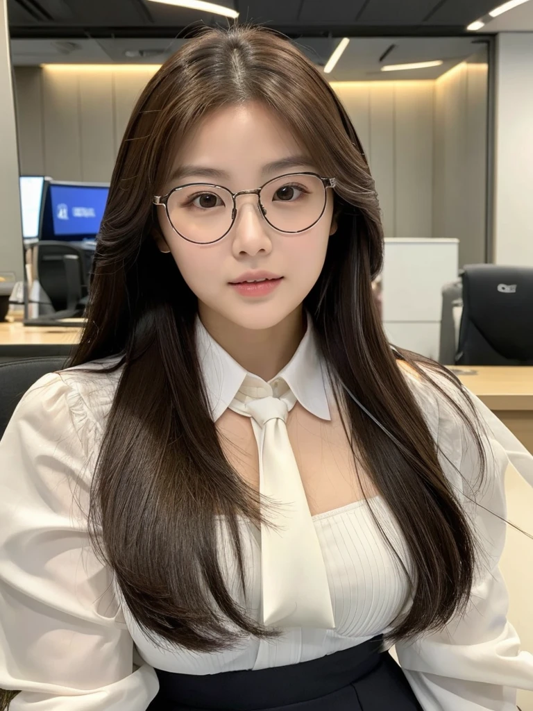 Han Julie is a young Korean woman in her 27s. Her hair is long in a dark color. 
Her face is oval and marked by her large brown eyes, which carry a cold, unexpressive face. Her skin is radiant and clear, presenting an impeccable state of health and her curved lips. 
Her height is medium, her body athletic and defined, with the most charming and provocative. It contrasts and matches their personalities. 
She is in her office at the company in the night, wearing a pair of glasses with white shirt with loose tie while undoing her sitting