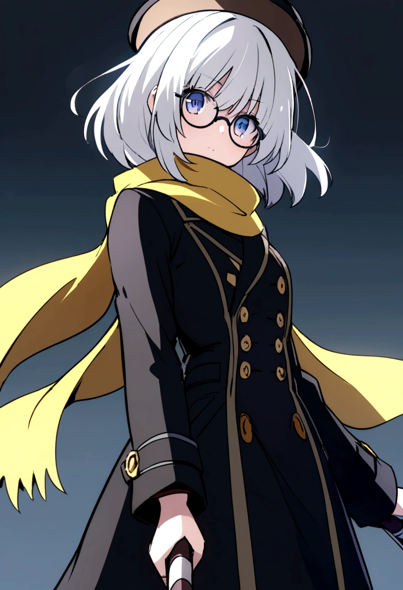 Cold anime girl with white hair wearing a black coat,yellow scarf,bowler hat and wearing a round glasses while holding a cane