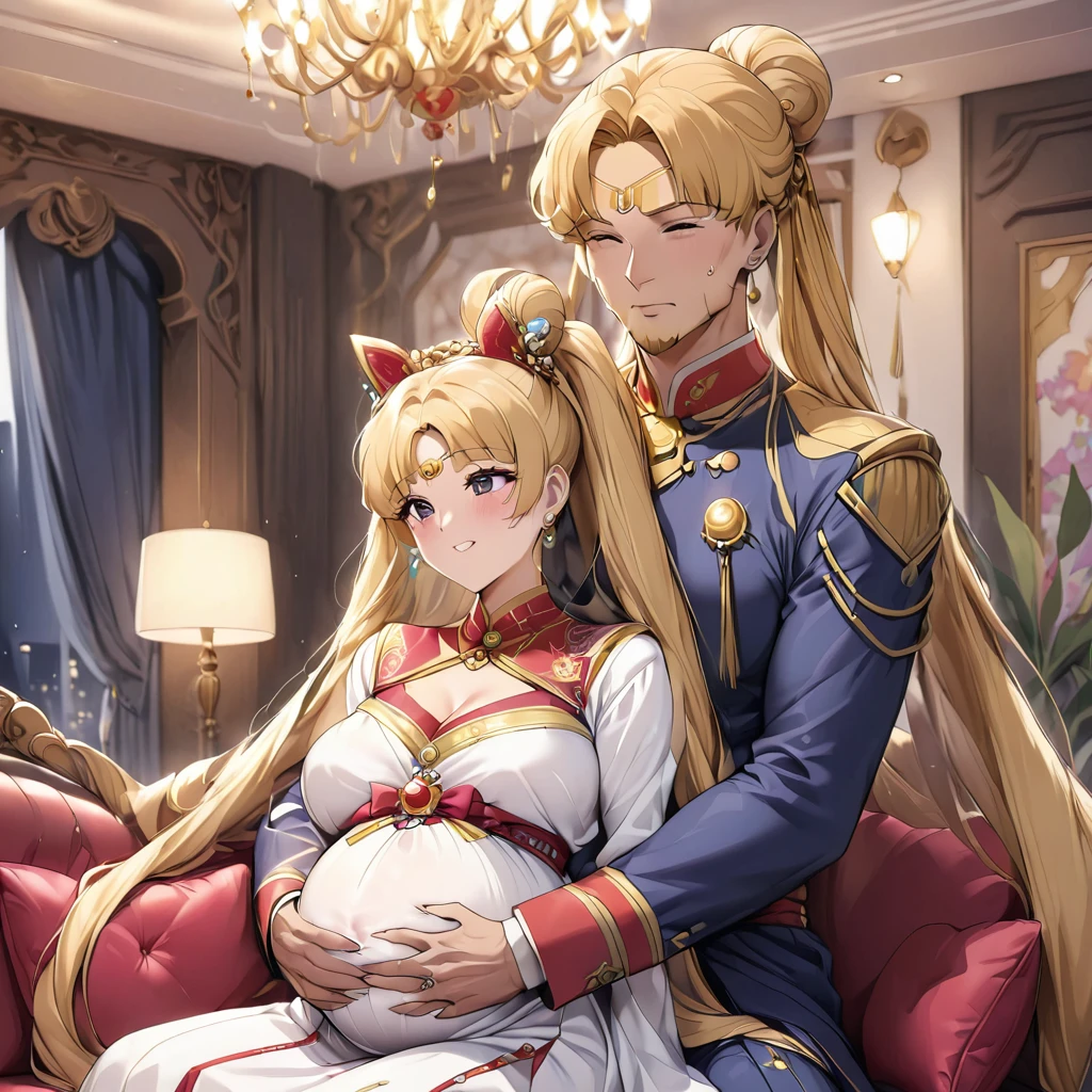 ((Highest quality)), ((masterpiece)), (detailed), (Perfect Face)、The woman is a Mongolian woman named Tsukino Usagi, and is wearing a gorgeous and colorful Mongolian traditional dress called Dale in a Mongolian mansion, with gorgeous jeweled accessories and an engagement ring. The woman and the man are sitting on a luxurious, large sofa in the luxurious room, and the woman is being held in the arms of a dignified, muscular, bearded middle-aged Mongolian man.、The woman is the elegant Tsukino Usagi, with her long blonde hair in a chignon twin tail, and wearing the colorful Mongolian national costume, the Mongolian Tsukino Usagi.、the woman is pregnant