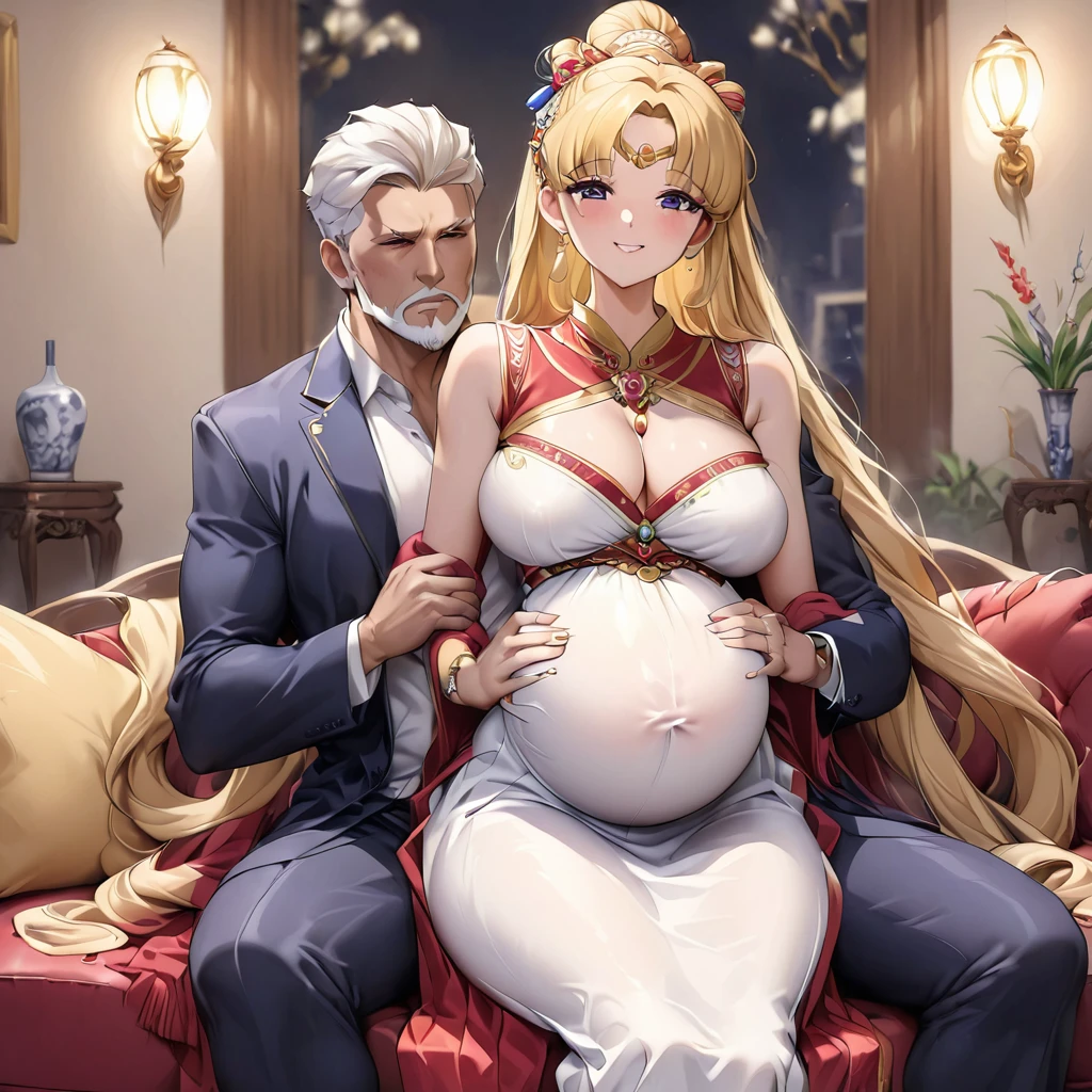((Highest quality)), ((masterpiece)), (detailed), (Perfect Face)、The woman is a Mongolian woman named Tsukino Usagi, and is wearing a gorgeous and colorful Mongolian traditional dress called Dale in a Mongolian mansion, with gorgeous jeweled accessories and an engagement ring. The woman and the man are sitting on a luxurious, large sofa in the luxurious room, and the woman is being held in the arms of a dignified, muscular, bearded middle-aged Mongolian man.、The woman is the elegant Tsukino Usagi, with her long blonde hair in a chignon twin tail, and wearing the colorful Mongolian national costume, the Mongolian Tsukino Usagi.、the woman is pregnant