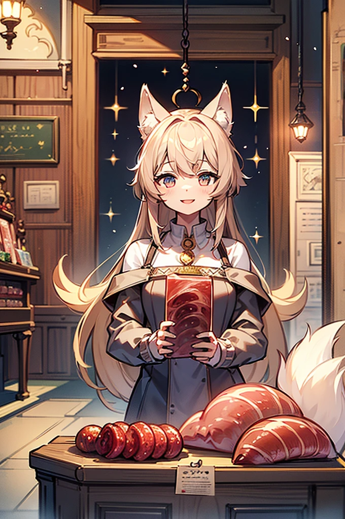 ((best quality)), ((masterpiece)), (Detailed), 1 happy wolf girl in a shop full of salami hanging from walls, sparkly eyes