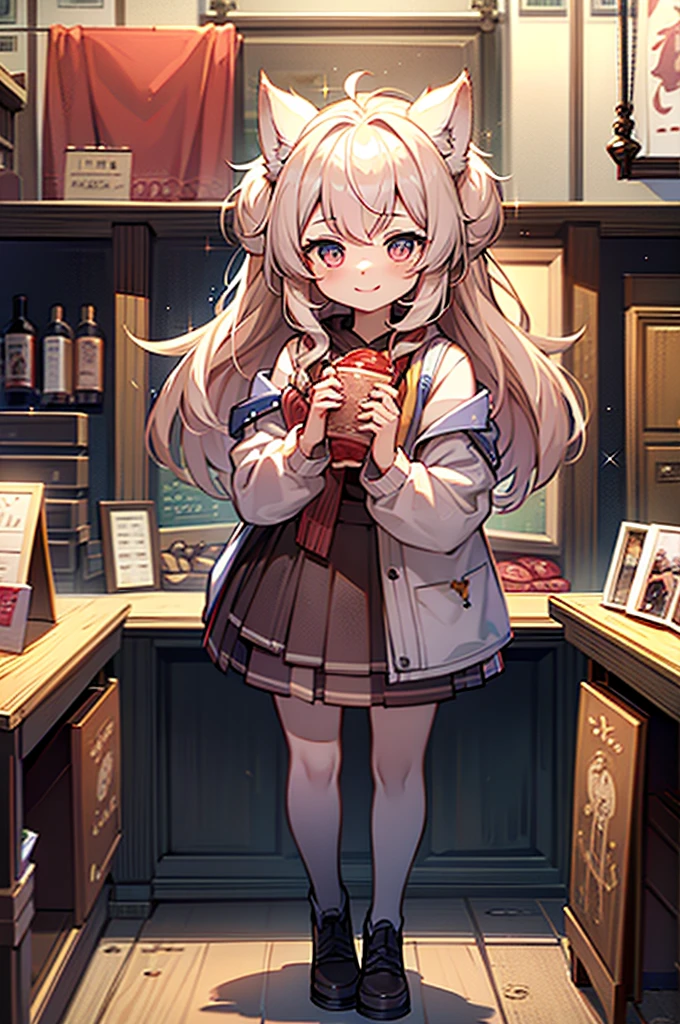 ((best quality)), ((​masterpiece)), (Detailed), 1 happy wolf girl in a shop full of salami hanging from walls, sparkly eyes
