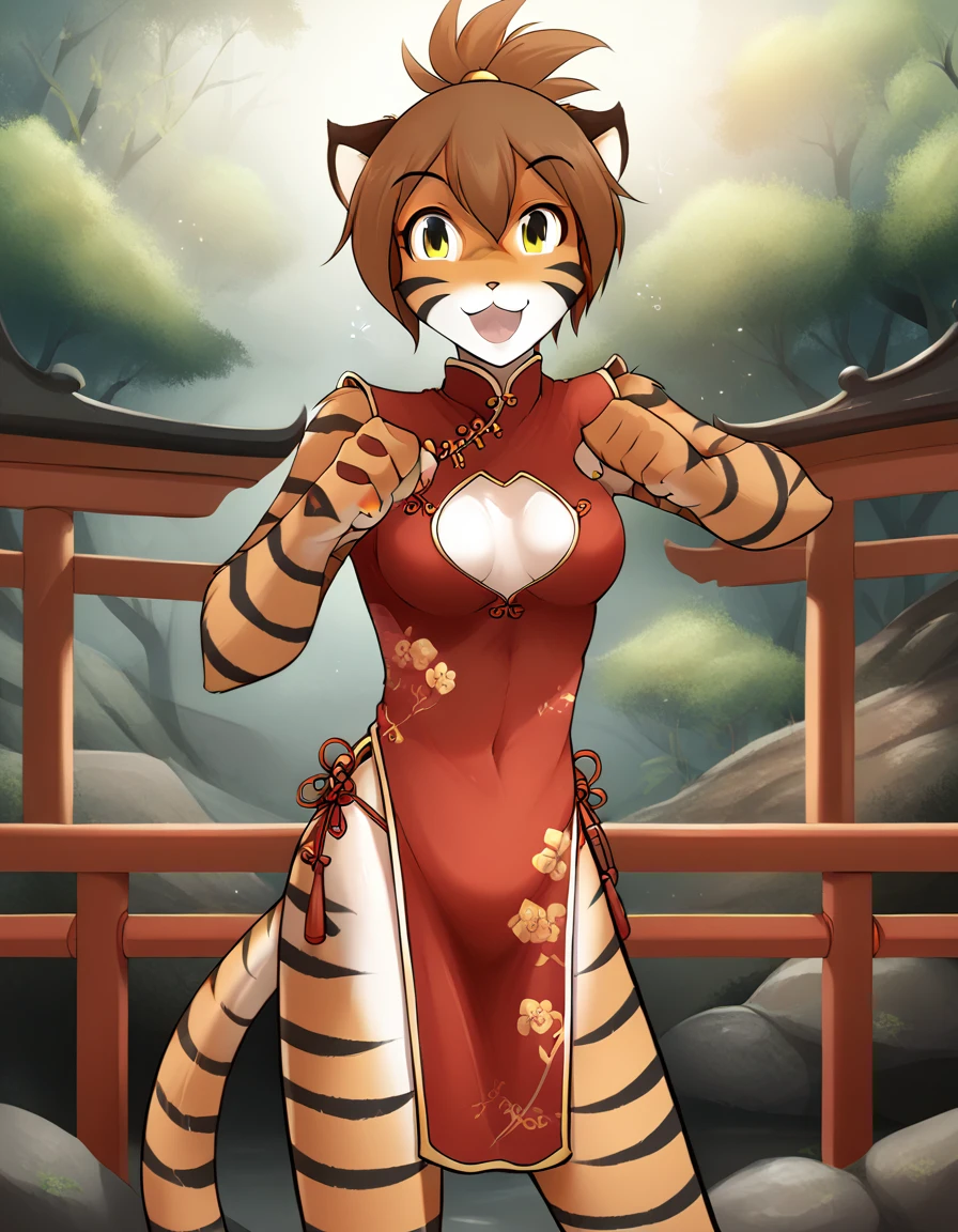 score_9, score_8_up, score_7_up, score_6_up, score_5_up, score_4_up, rating_explicit, source_furry, female, cute anthro female, ((nude)), ((very drunk)), cute face, detailed background, looking at viewer, solo, solo focus, (no nipples, no vagina:1.2), (digital pen line-art, soft lines, soft shading, pinup, cartoon, anime:1.4), tkflora,tiger, striped fur, tiger tail, (short red Qipao:1.4), tiger tail, looking at viewer, legs, outside, martial artist, happy, legs, tied hair, (short pelvic curtain, clothing cutout, breasts:1.4), ponytail,