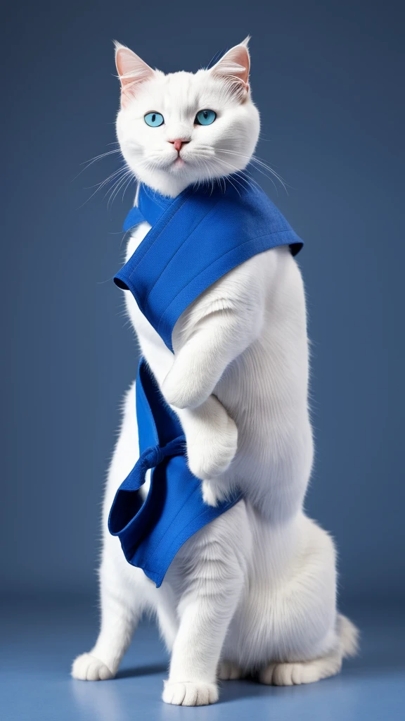 “A unique and dynamic depiction of a white cat wearing a blue judo uniform standing in a human-like posture with feet shoulder-width apart and arms down, high-definition, 8K image, background with a grey gradient.”