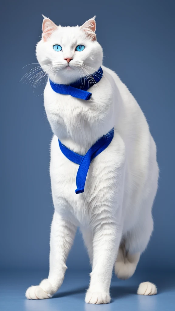 “A unique and dynamic depiction of a white cat wearing a blue judo uniform standing in a human-like posture with feet shoulder-width apart and arms down, high-definition, 8K image, background with a grey gradient.”