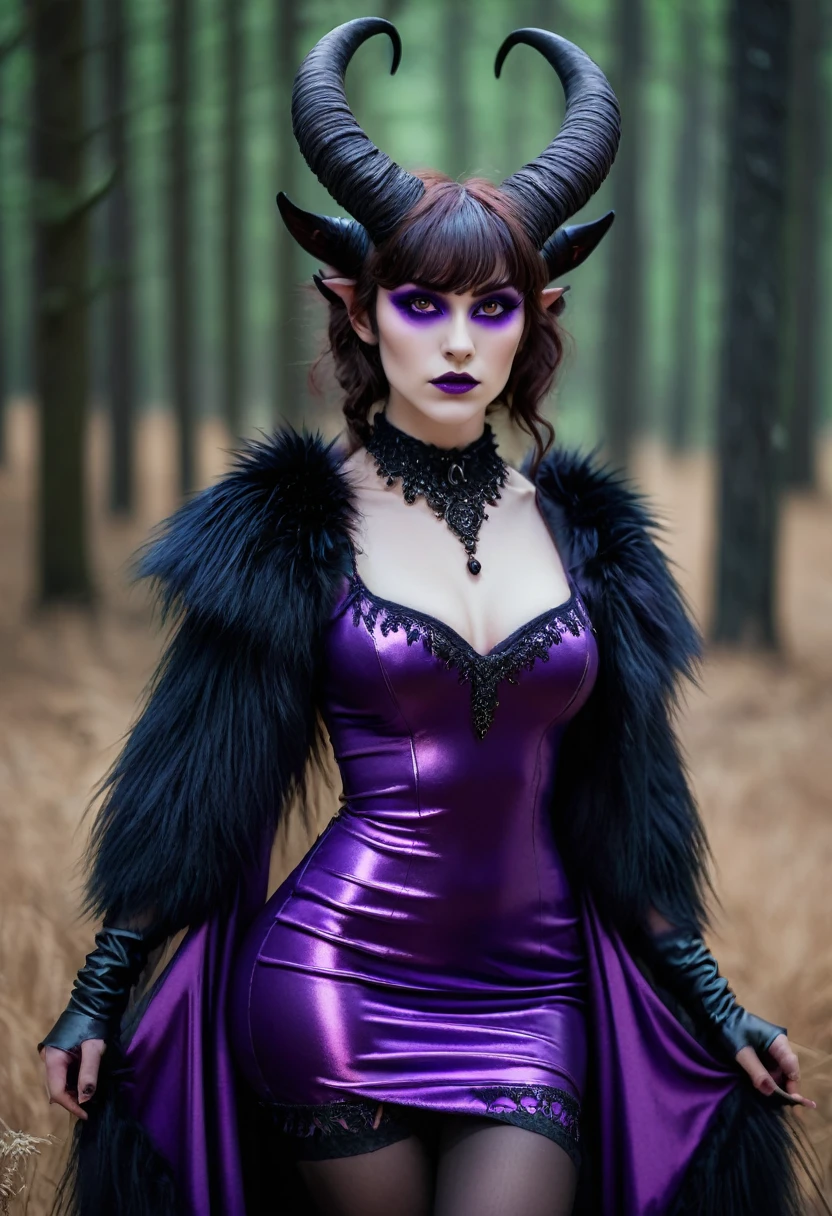 Satyr, female, purple skin, black fur, brown hair, black eyes, straight horns, vantablack dress.