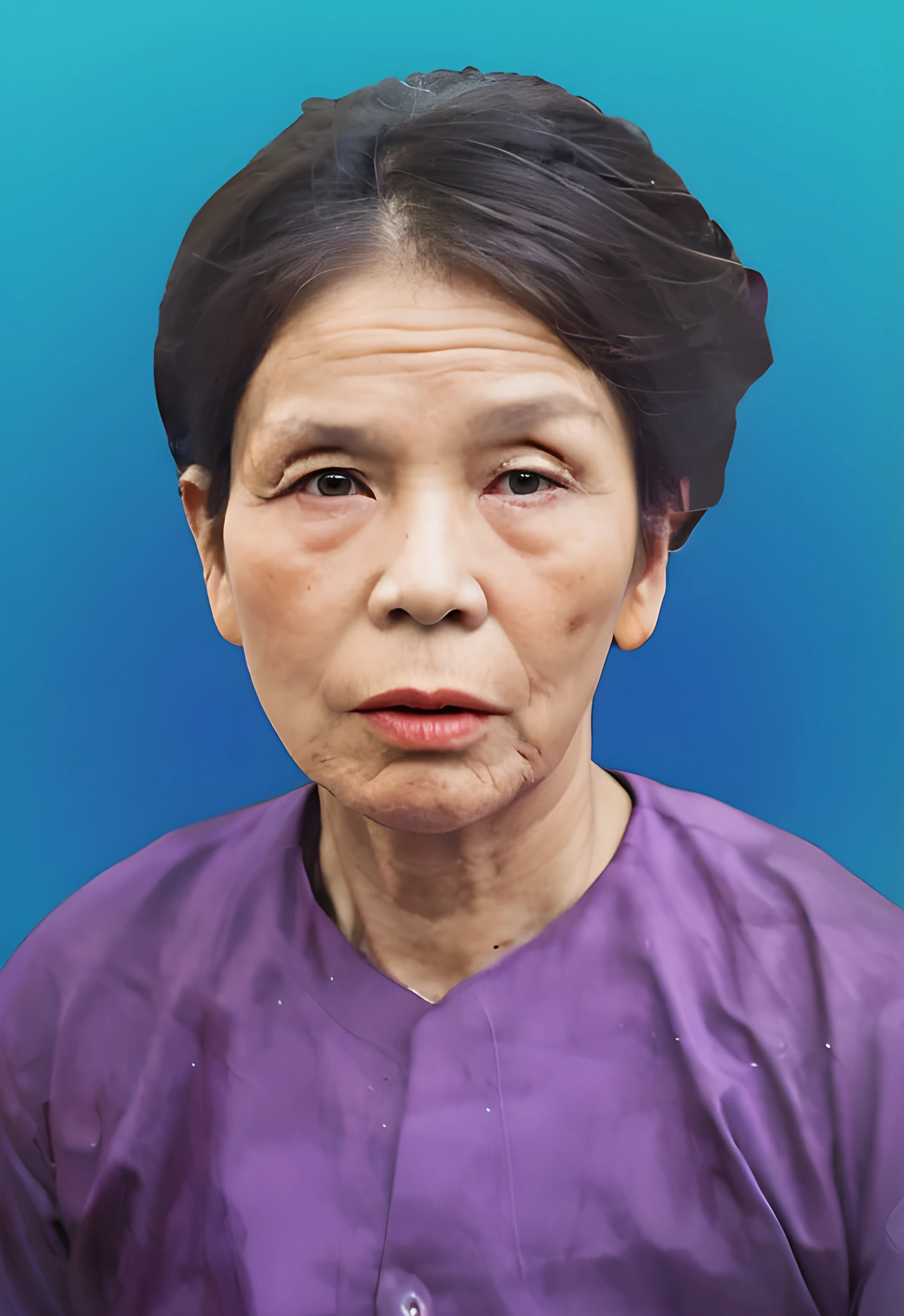 Highly realistic photo, ((masterpiece), (best quality), (raw photo), (photorealistic:1.4), Portrait of a 85 year old Vietnamese woman, ((wearing a Traditional Vietnamese purple shirt)) , ((black hair)),black head scarf, ((blue background)) , photo taken by Sony A7IV
