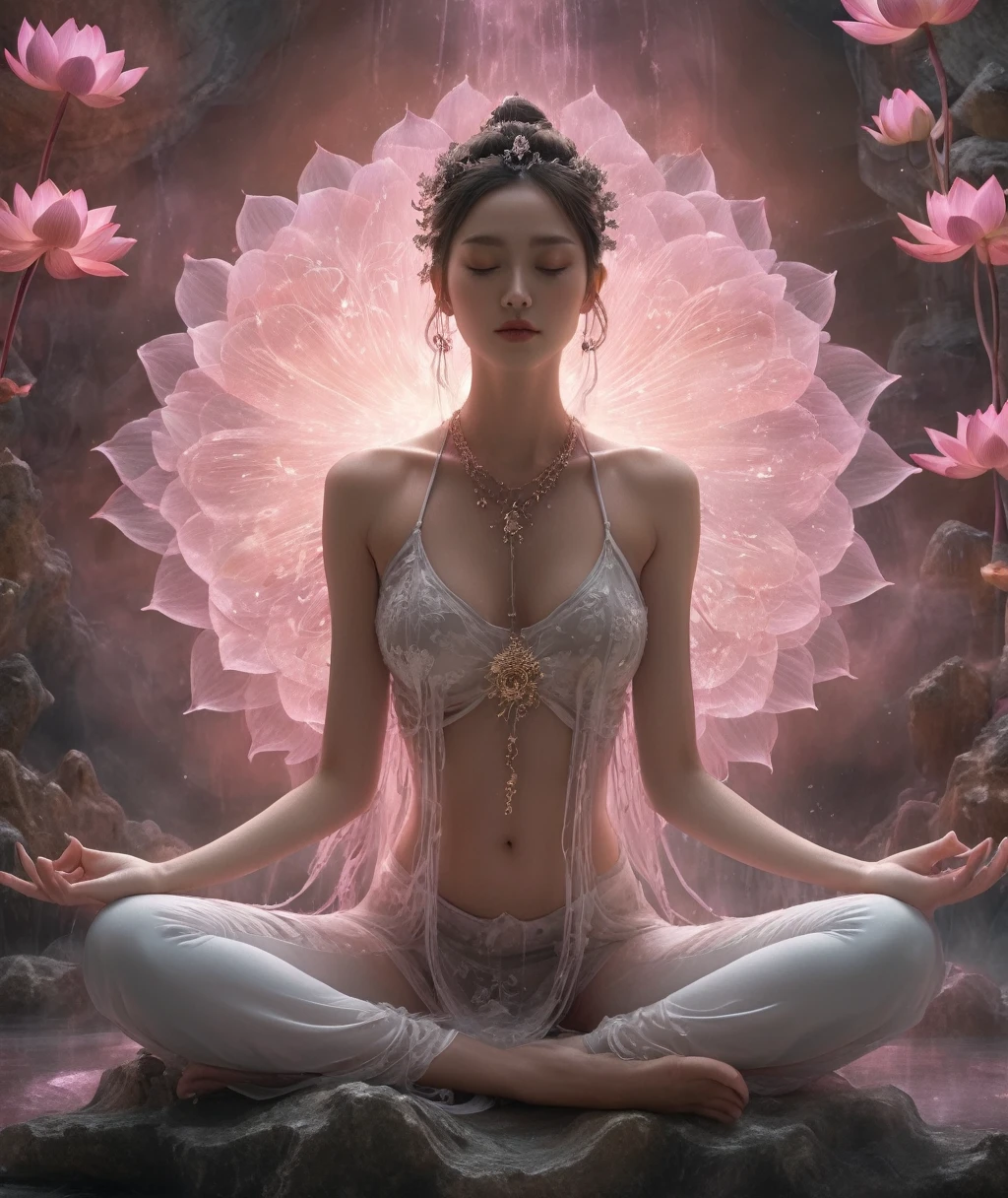 Lotus pose nude sexy female Guanyin full body photography，Anatomically correct,Raw, Filming, (concentrate:1.5), (Reality:1.4), Dusk lighting, Volumetric Lighting, Ultra-high resolution, 16K,Dramatic Lighting, White background：1.5）（Tangled，Mandala，dispute，Entanglement：0.7），Bomber Jacket,Transformation, Depth of Field, Dreamy atmosphere, The most beautiful chaos, grace, Brutalist Design Dark Theme, Flower of Death, Flowers of ecstasy，Glowing Line,Glow Example，Tracking Example，flash， Backlight，translucent，Light Particles,HILL，exit