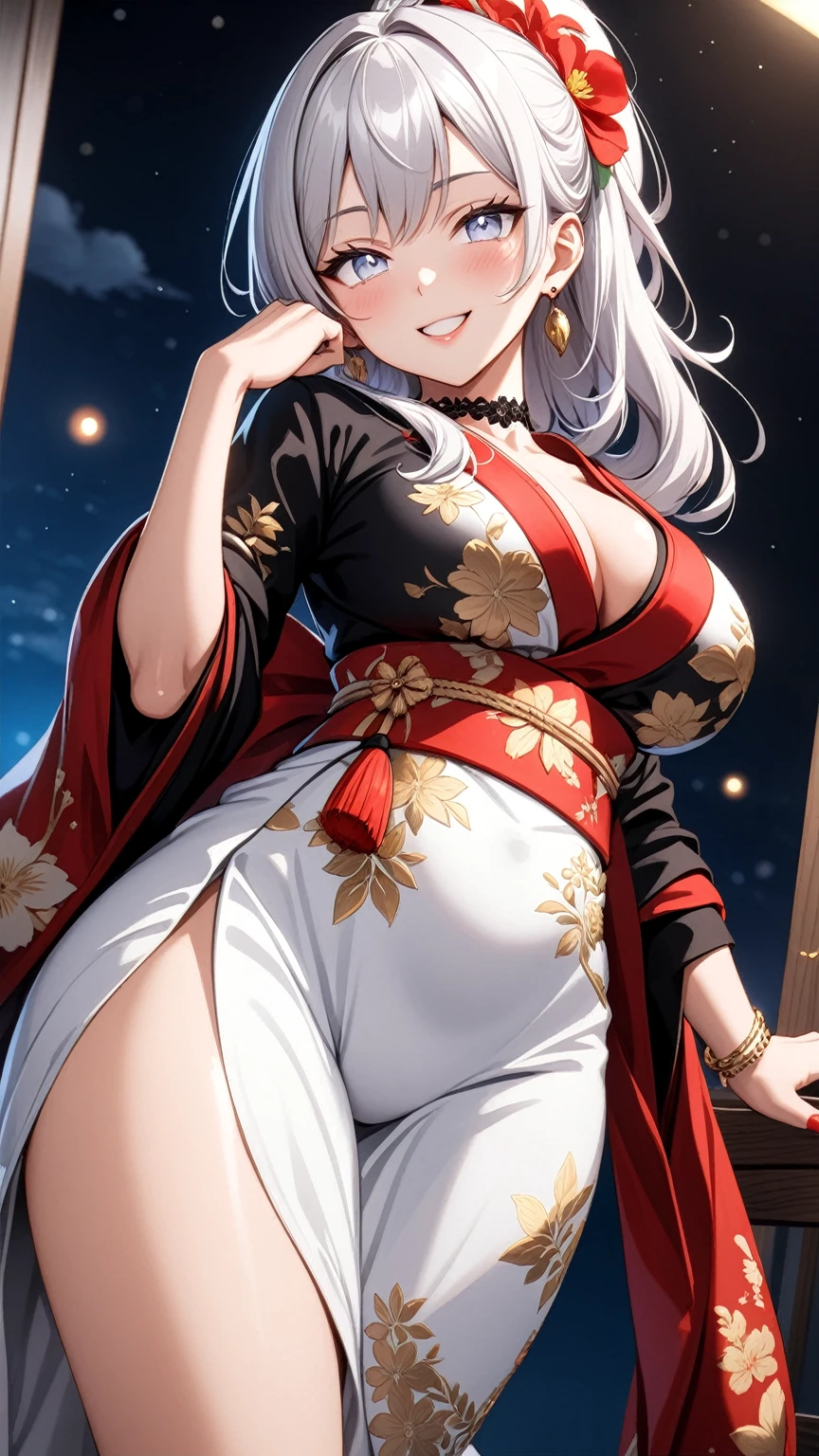 ((One personの女性)), Beautiful Face, (Laughing embarrassedly), (smirk:1.4), ((Wink:1.8)), (head tilt:1.3), Laugh with your mouth wide open, upper teeth, looking at viewer, (Doing sexy poses), ((Bright red cheeks:1.4)), Glossy Red Lips, night,Terrace with sea view, firework, Glossy red lips, Shining Face, ((Anime style background)),masterpiece, Highest quality, so beautiful,up to date, Complex details, (long nails of red color), (nail art), (ring),(bracelet),(Floral choker),AI-generated, Complex,High resolution, Highest quality, super high quality,3D Images、3D Images,One person,Long white hair,High Ponytail, Anime woman posing for a photo, (blue eyes:1.2), ((Fine grain、Light silvery white eyes、Shining Eyes:1.3)), (Squint your eyes:1.1),a hyperRealistic , hyperRealistic , Realistic,Anime woman with long white hair, Smooth anime CG art, (A woman in a colorful kimono with gold embroidery), (Black long sleeve kimono),Red floral pattern,Long flower hair ornament,Earrings,Mature Body,(Big Breasts:1.1),Tall,Abdominal muscles,Tight waist, (face focus:1.2), (dutch angle:1.3),