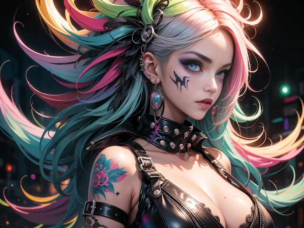 (masterpiece, top quality, best quality, official art, beautiful, cosmic, atmospheric, psychedelic, dreamlike and aesthetic, swirling psychedelic cosmic graffiti patterns:1.2), (1girl), extreme detailed,(fractal art:1.3),colorful,highest detailed, "(Best Quality, 8K, 32K, masutepiece:1.3), Ultra-detailed, (Photorealistic:1.4), pink and white colors, perfect color scheme, albino, Punk rock Girl, Detailed moonlight eyes, full body portrait, Luxurious neon white punk hair, Edgy Harajuku-inspired punk rock fashion, super huge enormously gigantic tits, cleavage showing, Avant-garde makeup, Numerous piercings, Heavily tattooed body, swirling psychedelic cosmic dreamlike graffiti pattern background