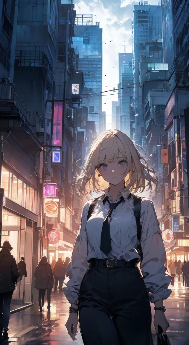 (Official Art、Highest quality、unity 8k wallpaper、32k、masterpiece、Very detailed、超A High resolution、Realistic、Realistic:1.2)、(Cinema Lighting:1.2), High resolution, (masterpiece: 1.4), Very detailed, One Girl, Platinum Blonde, Medium Hair, Skyscraper facade windows, Cowboy Shot,