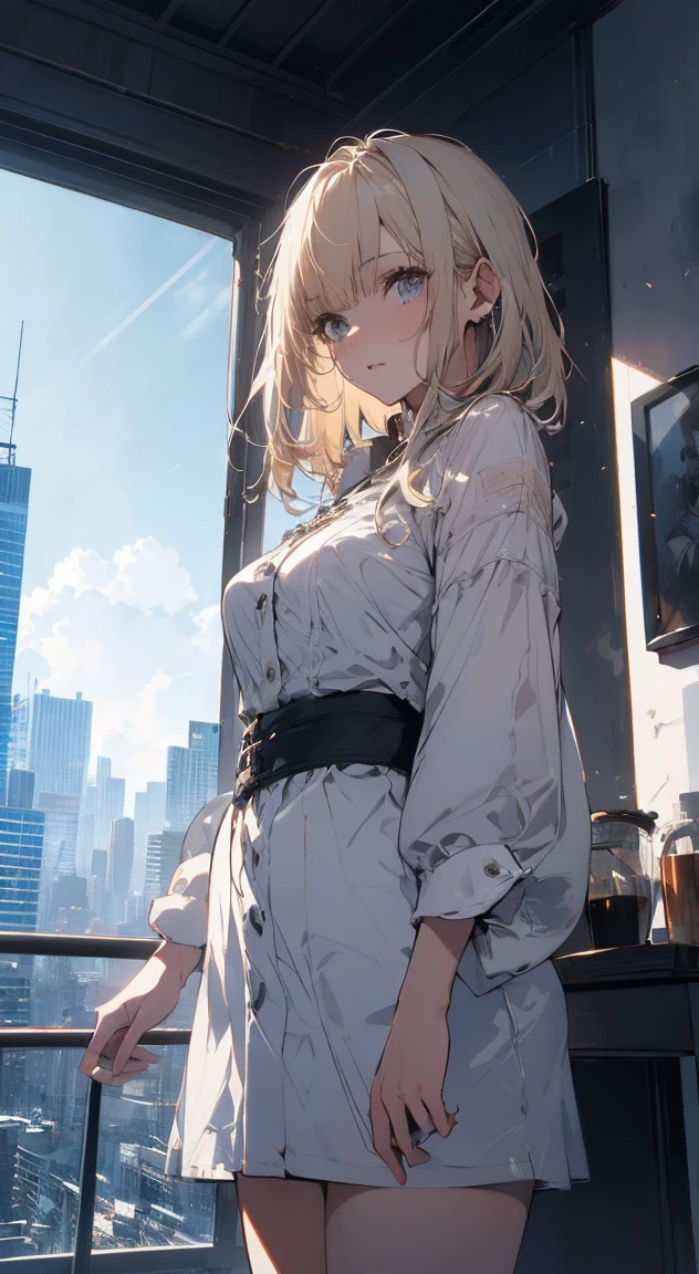  (Official Art、Highest quality、unity 8k wallpaper、32k、​masterpiece、Very detailed、超A High resolution、Realistic、Realistic:1.2)、(Cinema Lighting:1.2), High resolution, (masterpiece: 1.4), Very detailed, One Girl, Platinum Blonde, Medium Hair, Skyscraper facade windows, Cowboy Shot,
