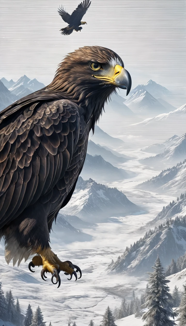 Mountains and forests,There is a kind of bird,Looks like an eagle but has human hands(best quality,4K,8K,High level,masterpiece:1.2),Ultra Detailed,(lifelike,Photo real,Photo real:1.37),Highly detailed animals,Realistic lighting,Fantasy Creatures