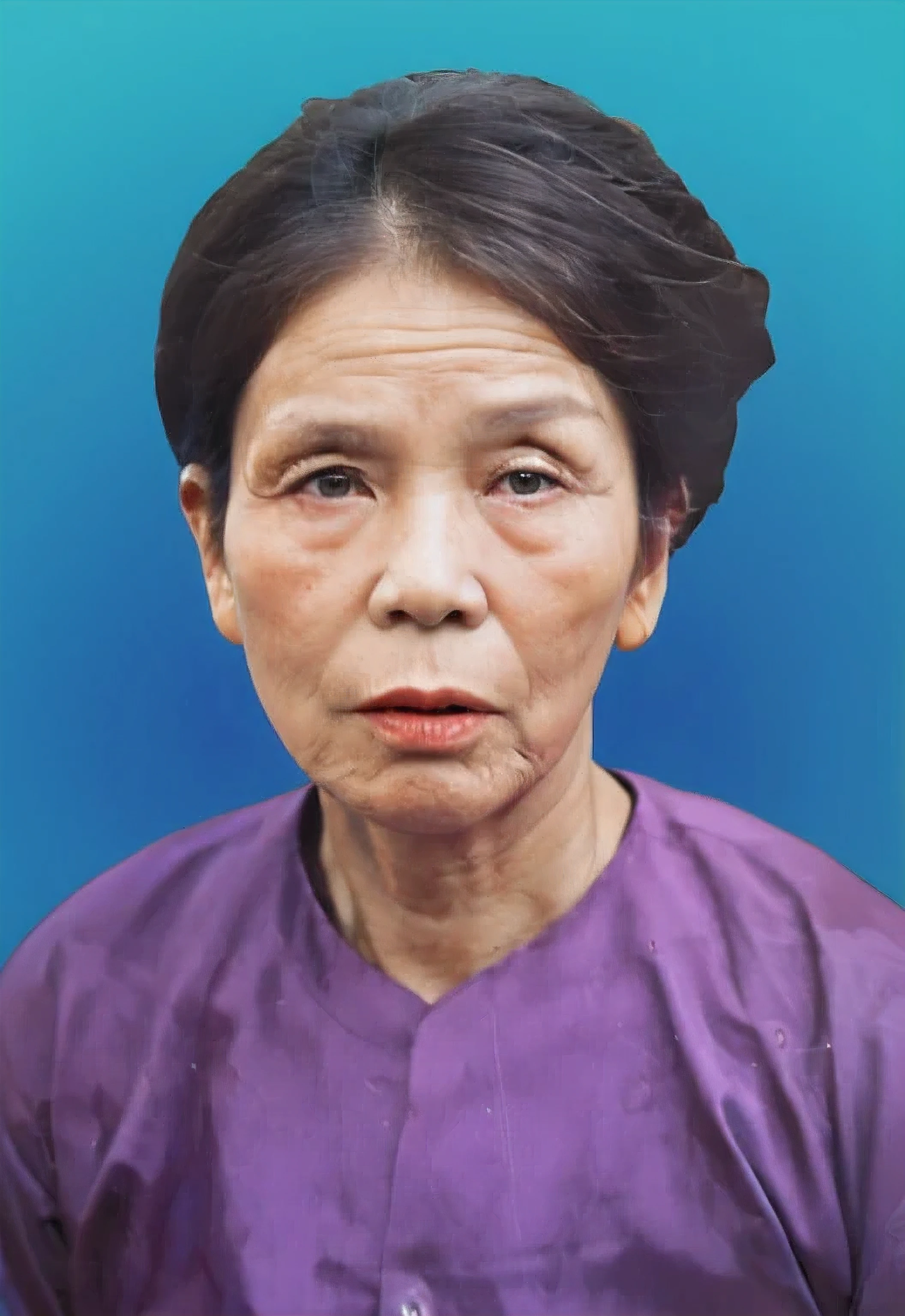 Highly realistic photo, ((masterpiece), (best quality), (raw photo), (photorealistic:1.4), Portrait of a 85 year old Vietnamese woman, ((wearing a Traditional Vietnamese purple shirt)) , ((black hair)),black head scarf, ((blue background)) , photo taken by Sony A7IV
