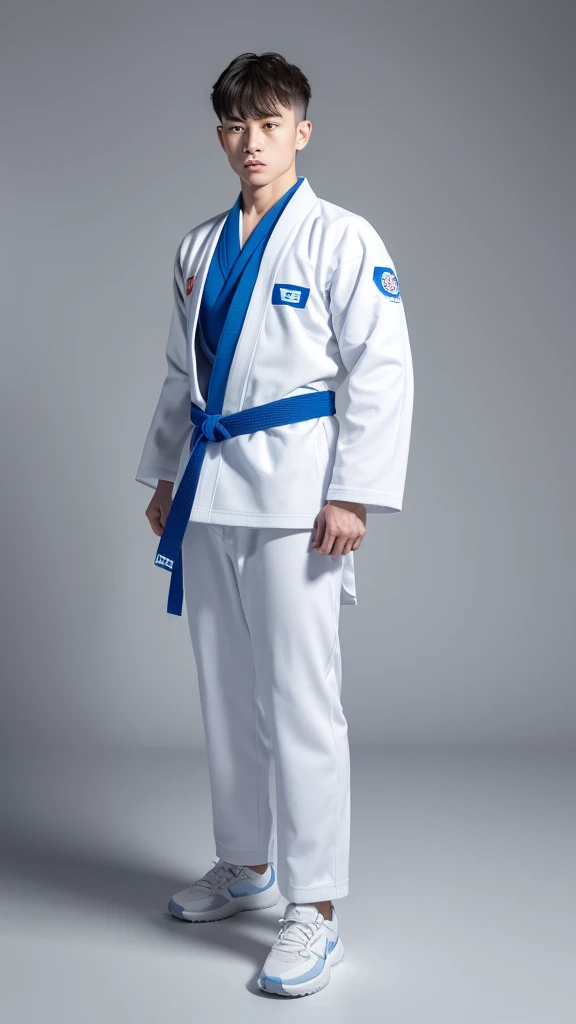 “A unique and dynamic depiction of a white cat wearing a blue judo uniform standing in a human-like posture with feet shoulder-width apart and arms down, high-definition, 8K image, background with a grey gradient.”