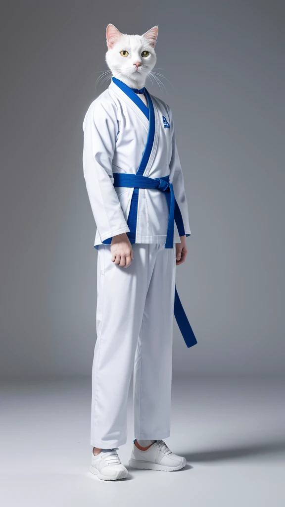 “A unique and dynamic depiction of a white cat wearing a blue judo uniform standing in a human-like posture with feet shoulder-width apart and arms down, high-definition, 8K image, background with a grey gradient.”