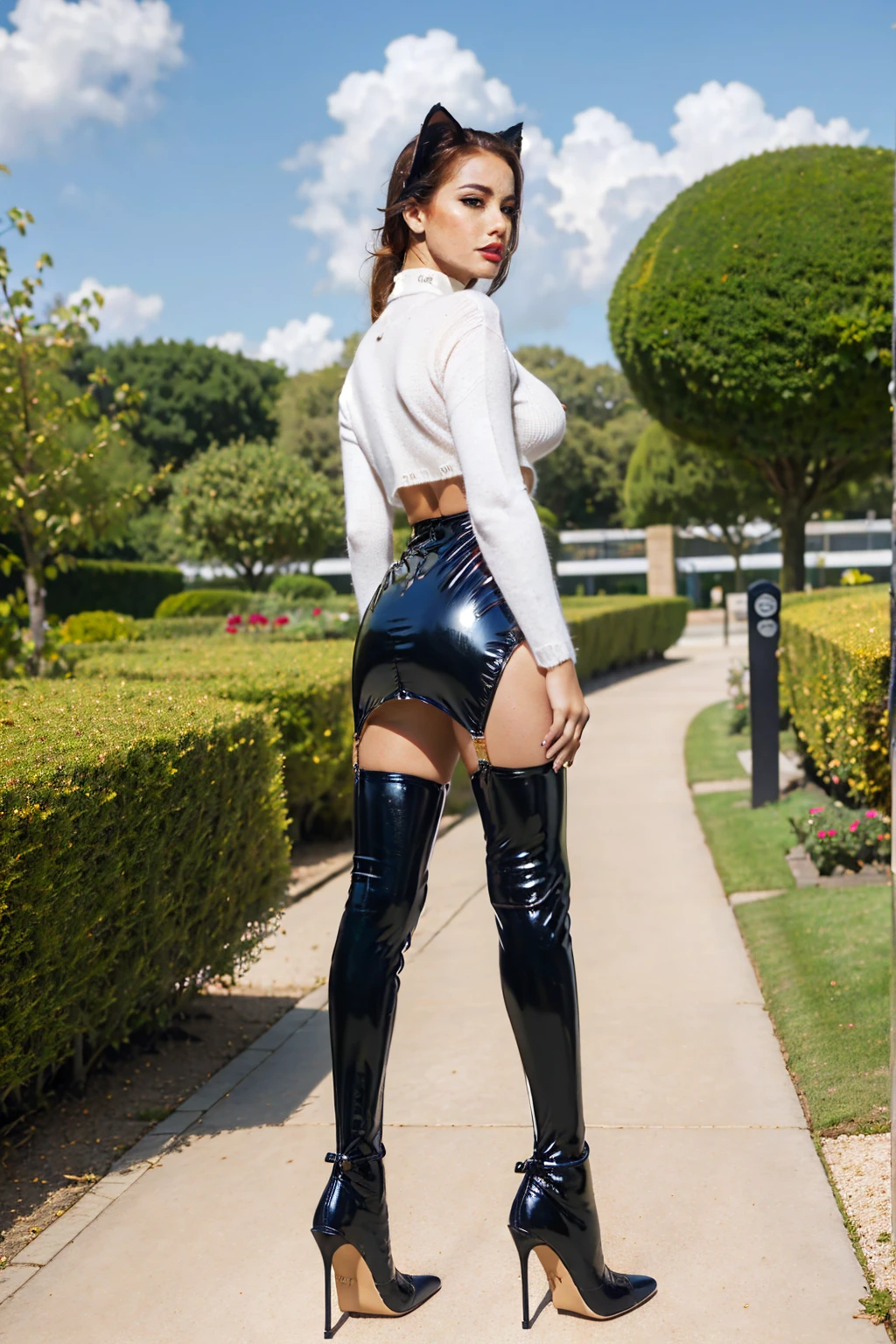 masterpiece, high quality,   Fr3ckles, freckles, long hair, ginger hair,  grey eyes, (garden park background), wh1t3,worn white sweater,(black latex thighhighs), (black short skirt), (slim and very voluptuous body:1.1), (((full body rear view))), stiletto high heel, seductive cat walking,