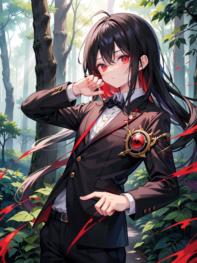 anime boy in a forest, anime visual of a cool boy, , cool anime boy, an anime boy, by Jin Homura, anime best boy, anime boy with long hair, one red eye, one gold eye, high res, yandere vibes, black hair, red tips, wearing black and red suit, wielding a gun in his hand in his right hand,