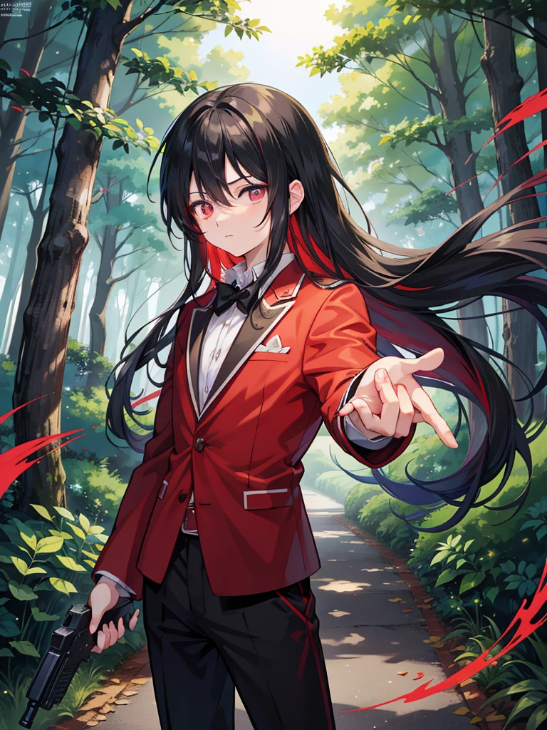 anime boy in a forest, anime visual of a cool boy, , cool anime boy, an anime boy, by Jin Homura, anime best boy, anime boy with long hair, one red eye, one gold eye, high res, yandere vibes, black hair, red tips, wearing black and red suit, wielding a gun in his hand in his right hand,