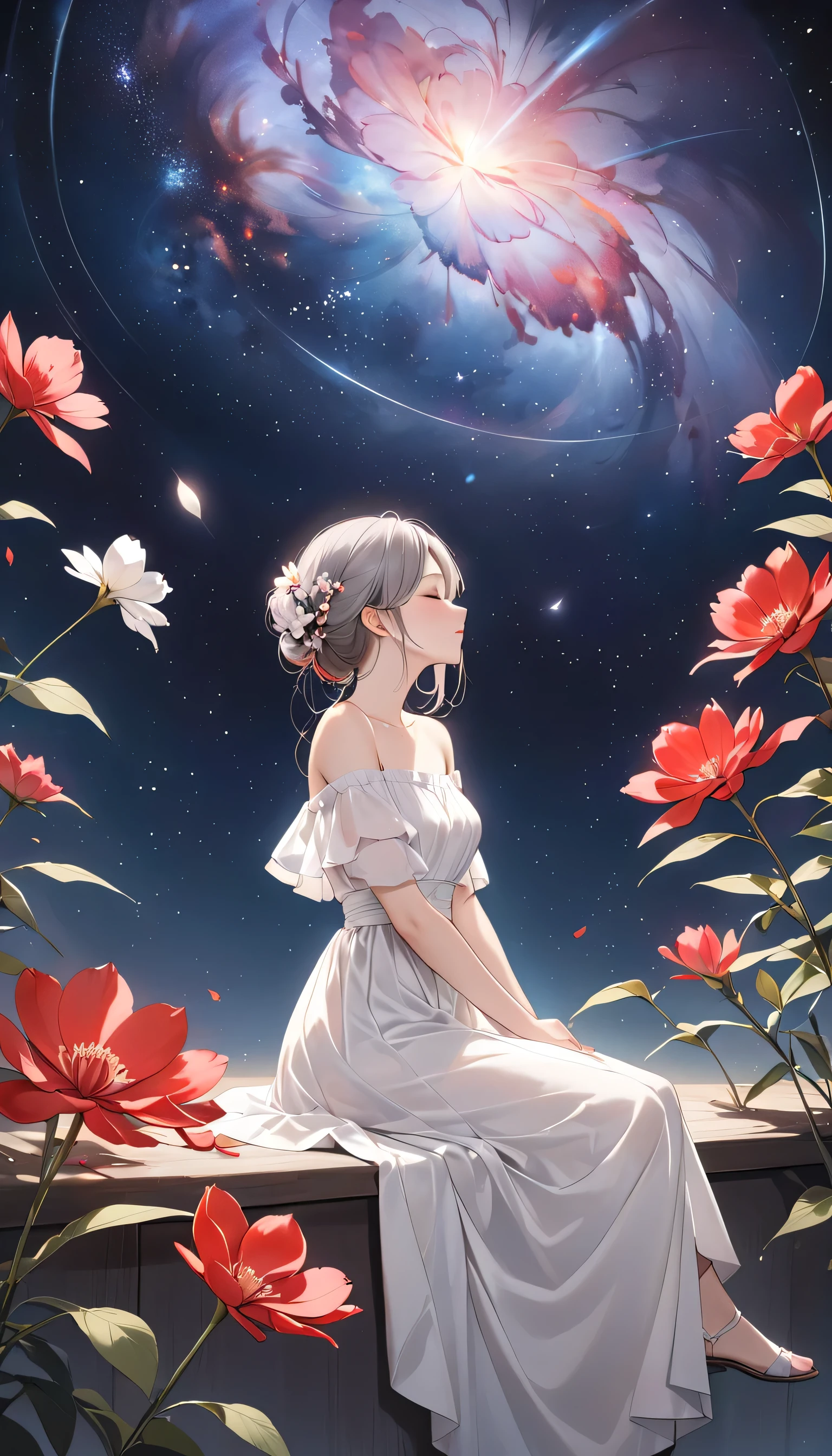 top quality、masterpiece、Grey and red harmonious art、grey、Ideal Anatomy、Girl closes her eyes、Cute、14 years、profile、black off-the-shoulder dress、Seated Girl、The art of wabi-sabi、grey、red、white、Perfect artistic harmony、fantasy、vermilion flower、grey leaves、Humble flower、Simple configuration、The background is a white wall、Red Flower、grey leaves、space、