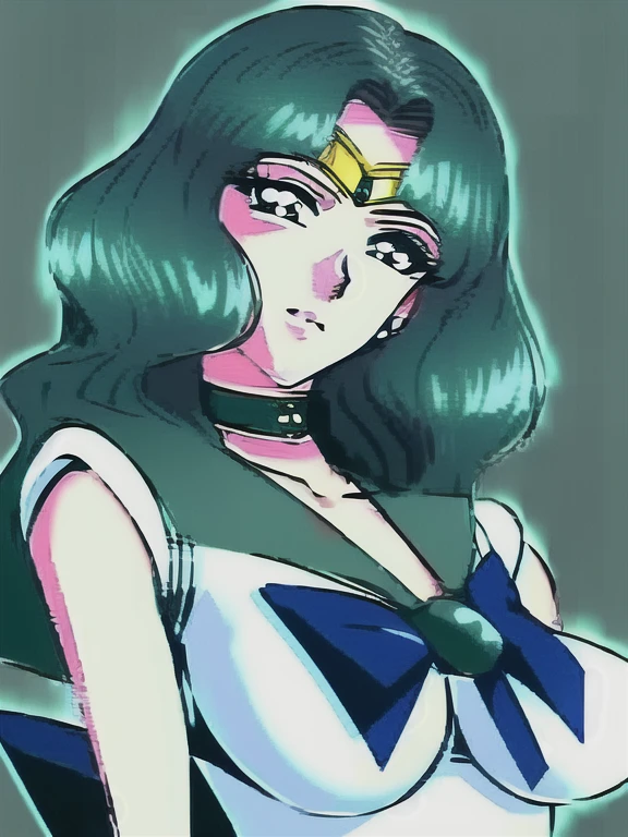 KaiouMichiru, large breasts, standing, solo, green_sailor_senshi_uniform_blue_bowtie_blue_backbow_green_skirt, masterpiece, best quality, detailed face, detailed eyes, highres,