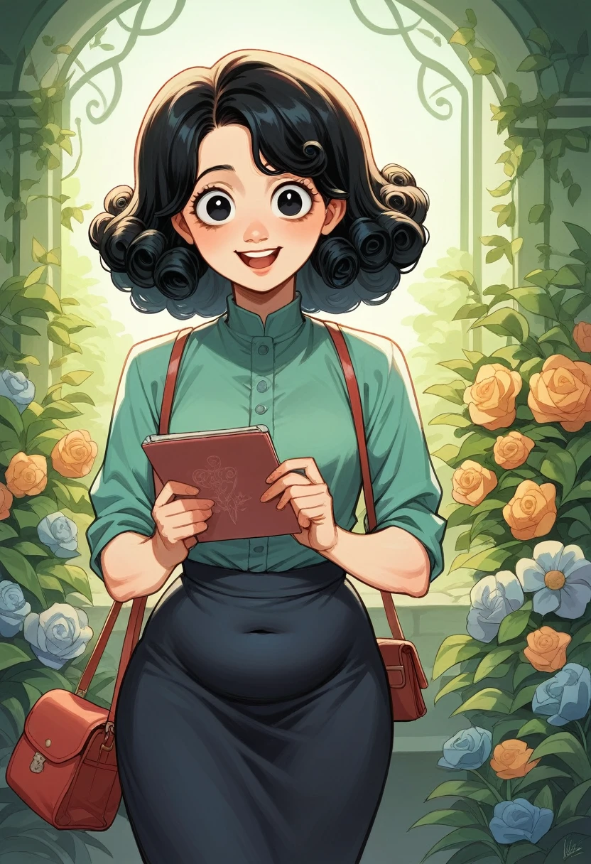 alone, 1 woman 40 years old, mulatto, chubby, Slim waist wide hips, black eyes, Round face, short black curly hair, long side stripe, wearing long gown, with side bag , notebook in hands, garden background, express me happy, Pixar-style