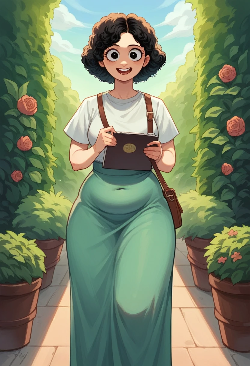 alone, 1 woman 40 years old, mulatto, chubby, Slim waist wide hips, black eyes, Round face, short black curly hair, long side stripe, wearing long gown, with side bag , notebook in hands, garden background, express me happy, Pixar-style