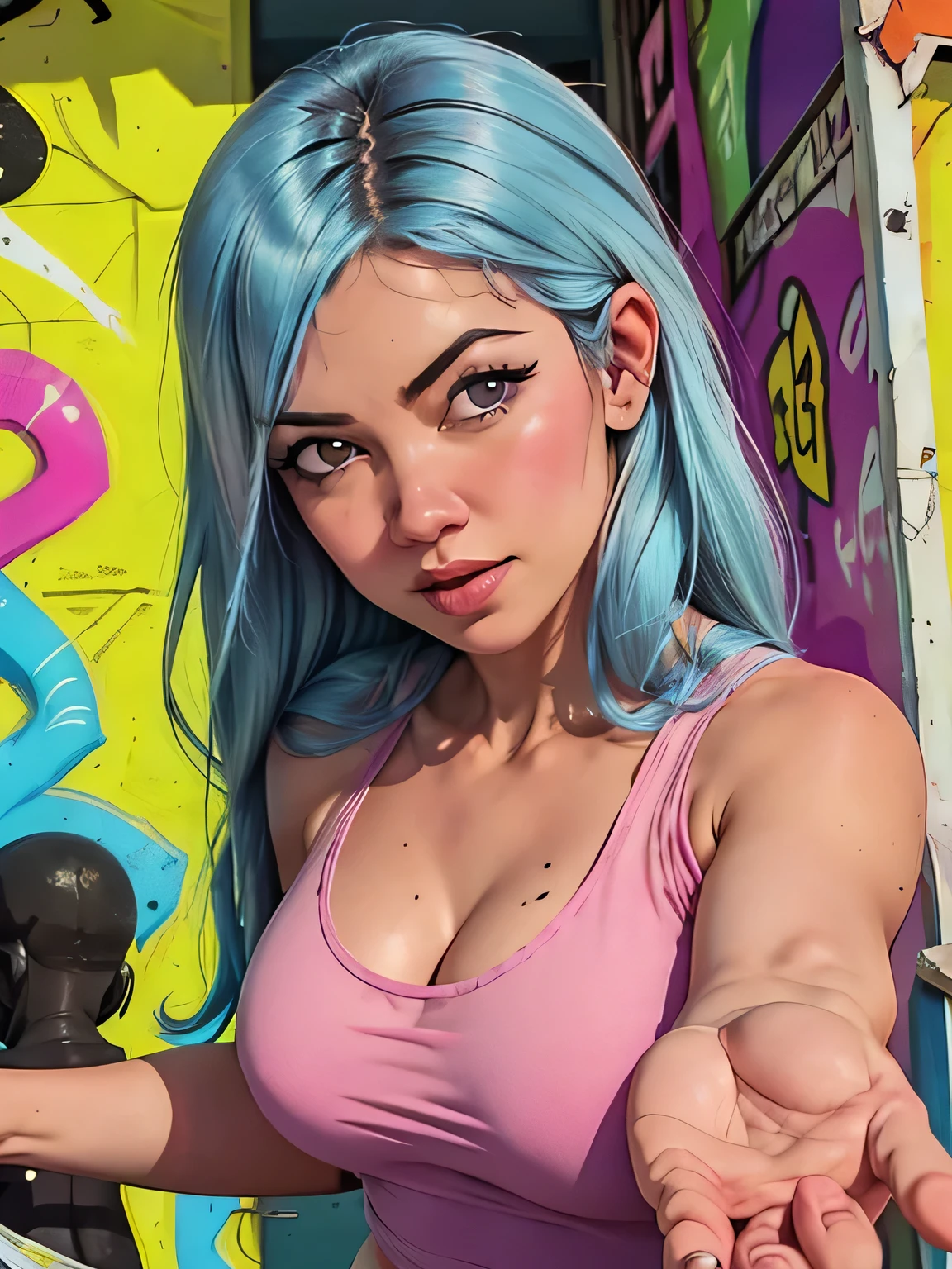 score_9, score_8_up, score_7_up, y0tt4, 1girl, solo, long eyelashes, tank top, pastel hair, graffiti, (reaching for viewer, front view)