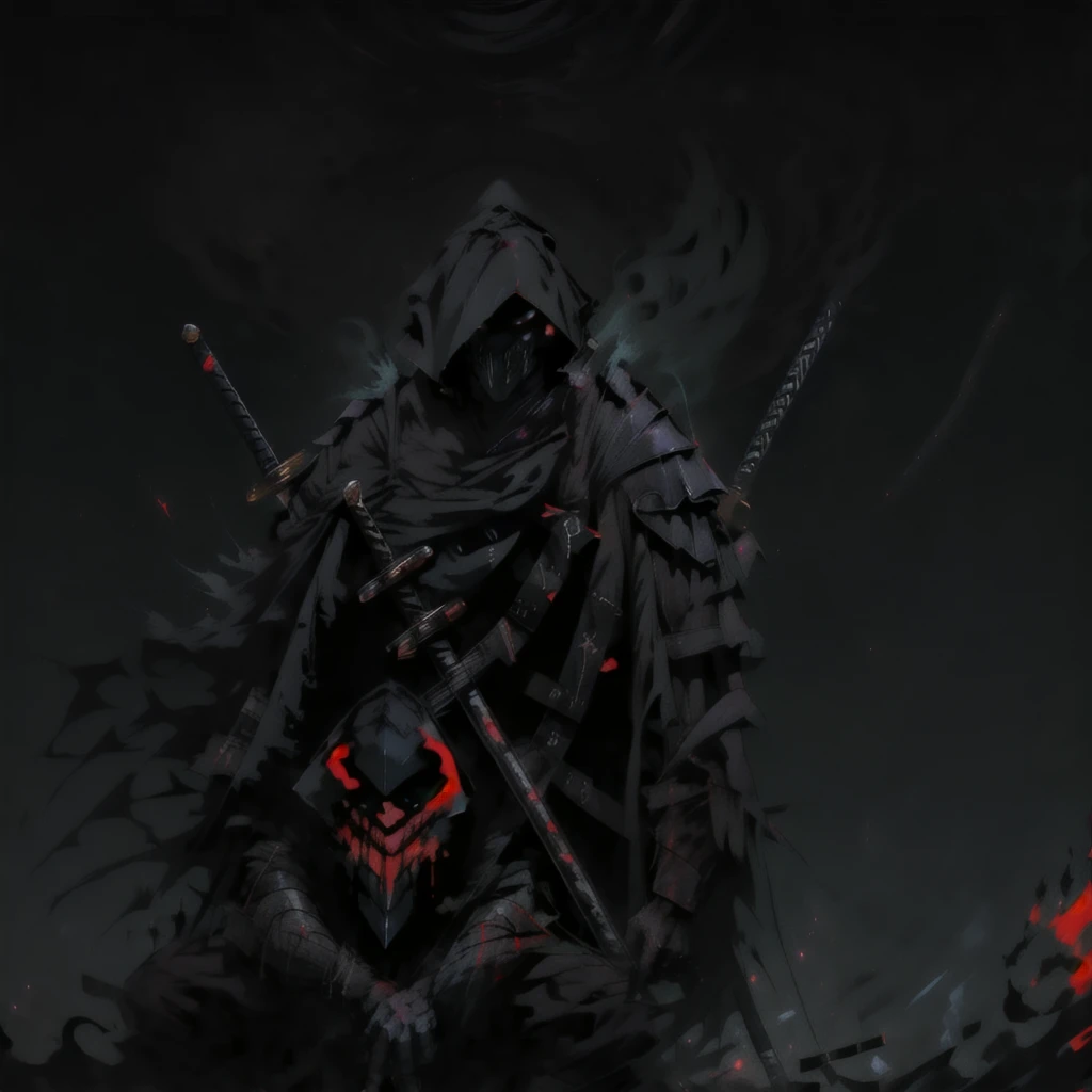 Full-length warrior of darkness in black fabric armor, dressed in shade. У темного тумана красные eyes и что-то, red mist flows upward from the eyes, masked face with stylized katana, angry look, bloodstained cape, right shoulder on black fire fabric mask, revealing anger. eyes, with huge red and black
, blood moon