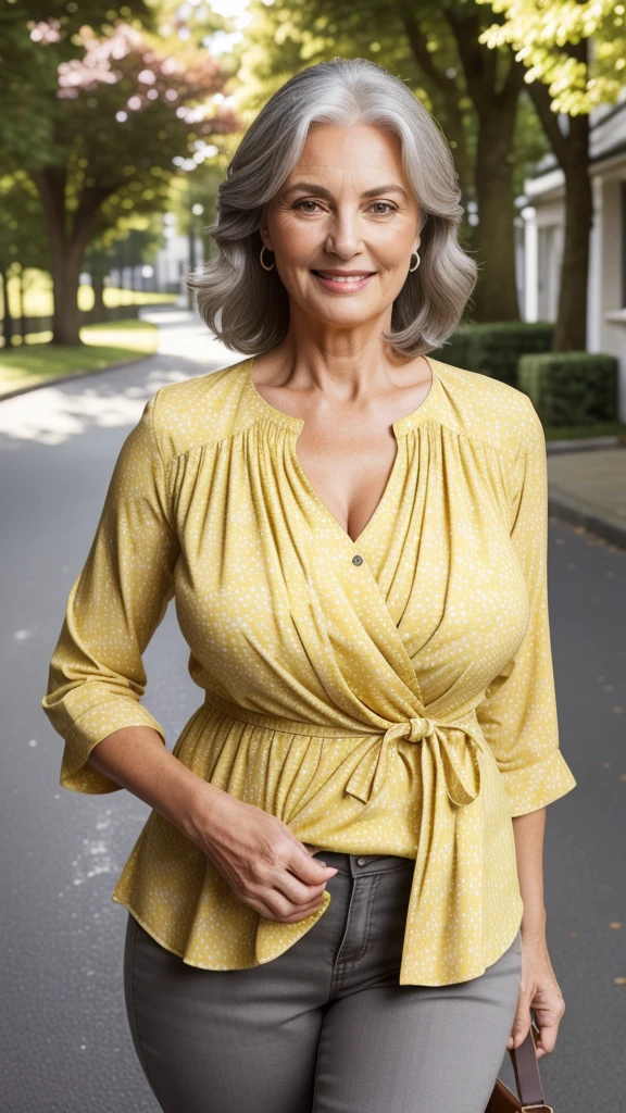 Realistic portrait of mature woman, 60 years old, casual grey hair, Photorealistic, (wearing elegant patterned yellow blouse) , deep cleavage, full body, highly detailed, 8k, beautiful ,perfect face, grayblondehair, curvy body, masterpiece and beautiful face, detailed eyes, 4k, 8K, high detailed, high-res and elegant, walking at the street, New Zealand background views, outdoor, She smile with Extraordinary Pleasure expression. Shoot this image in high resolution with a 35mm lens to get a good perspective. 