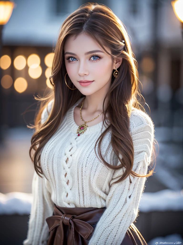 a beautiful young russian woman, detailed face, ((high quality)), photorealistic, stunning eyes, long eyelashes, flawless skin, light brown hair, tight waist, necklace, active posing, long hairstyle, vivid colors, masterpiece, best quality, confident expression, ultra-detailed, (realistic:1.37), 8K, HDR, studio lighting, physically-based rendering, professional, vivid colors, bokeh, beautiful figure, gorgeous lips, fantasy snowy landscape、Large knitted clothing、smile
