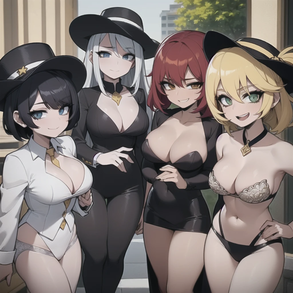 four sexy women who are wives of boy, looking at camera, seductive smiles, portrait, various hair colors, opened mouths moaning