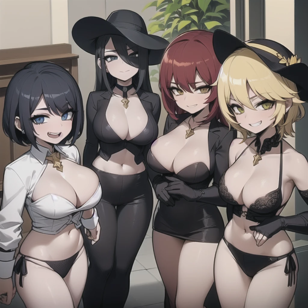 four sexy women who are wives of boy, looking at camera, seductive smiles, portrait, various hair colors, opened mouths moaning
