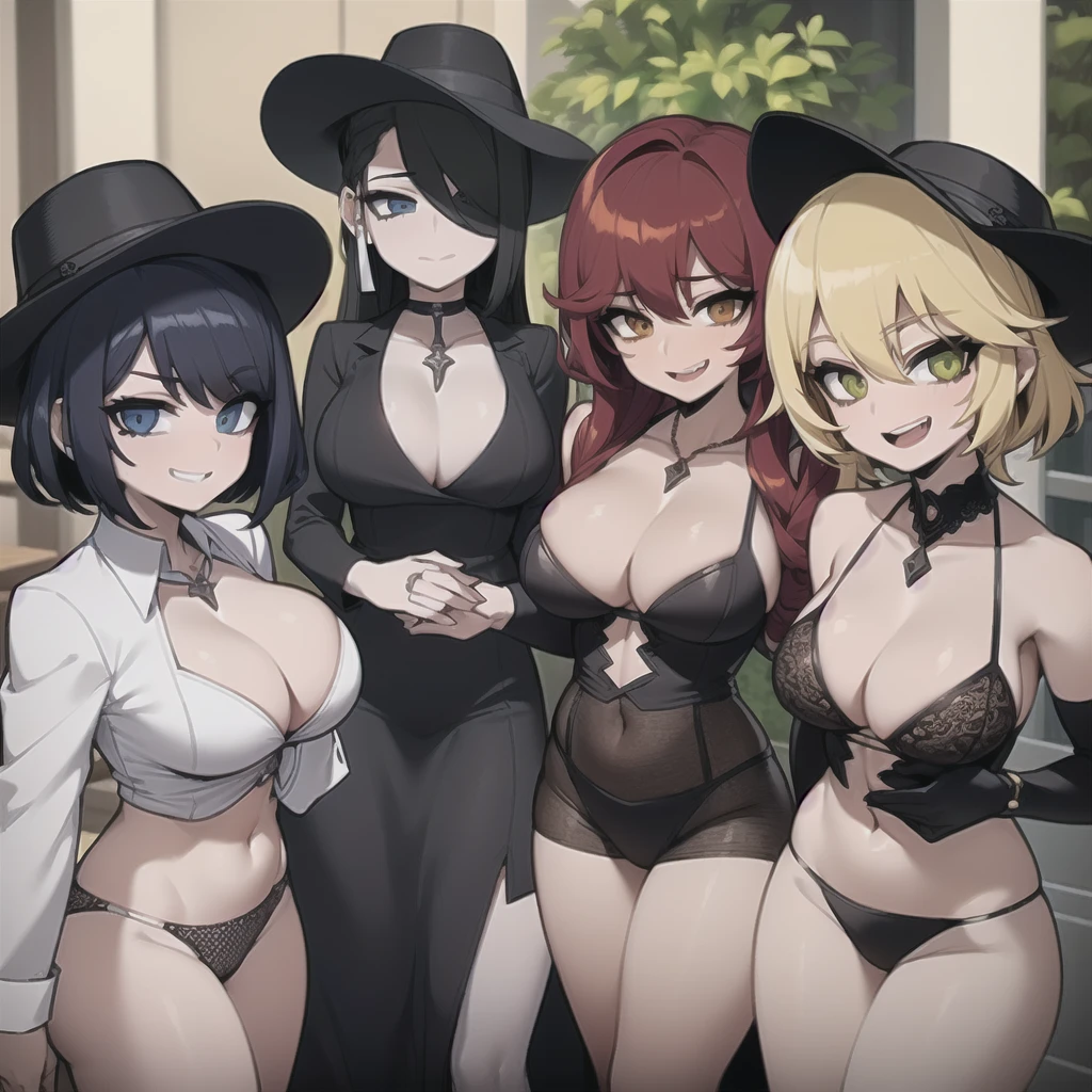 four sexy women who are wives of boy, looking at camera, seductive smiles, portrait, various hair colors, opened mouths moaning