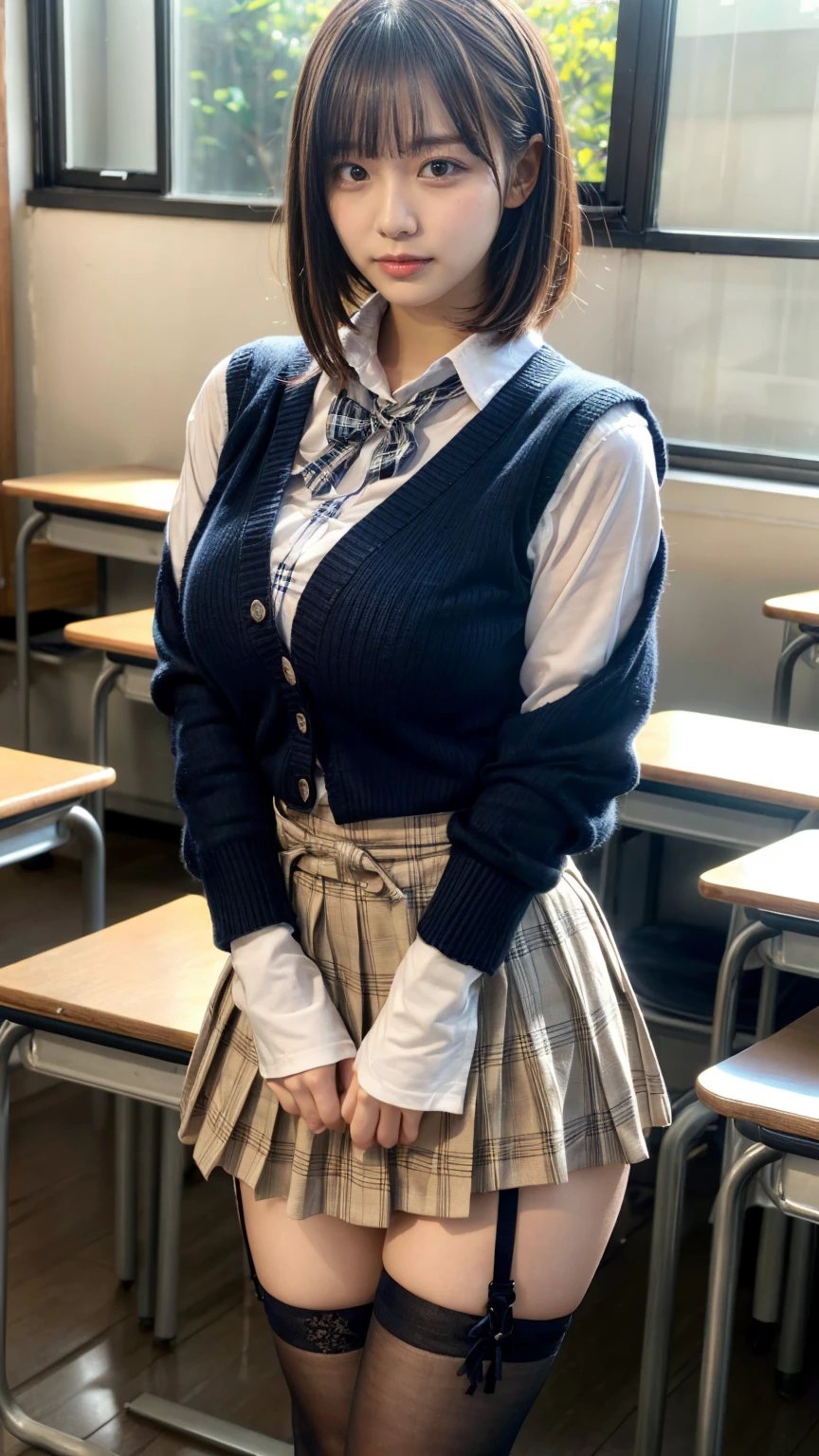 masterpiece, best quality, illustration, Super detailed, fine details, High resolution, 8K,wall paper, perfect dynamic composition,(Details High quality, realistic depiction of eyes:1.3), High School Classroom、High school girl uniform、Cardigan、Super Short Check Uniform Skirt、Navy blue high socks、garterbelts、Colossal tits、Disturbed uniform、short bob hair, black hair color, Big Natural Color Lip, bold sexy pose, (perfect body shape), crying a little、Harajuku style、20 year old girl、cute type, beautiful legs, hposing Gravure Idol, Voluptuous thighs