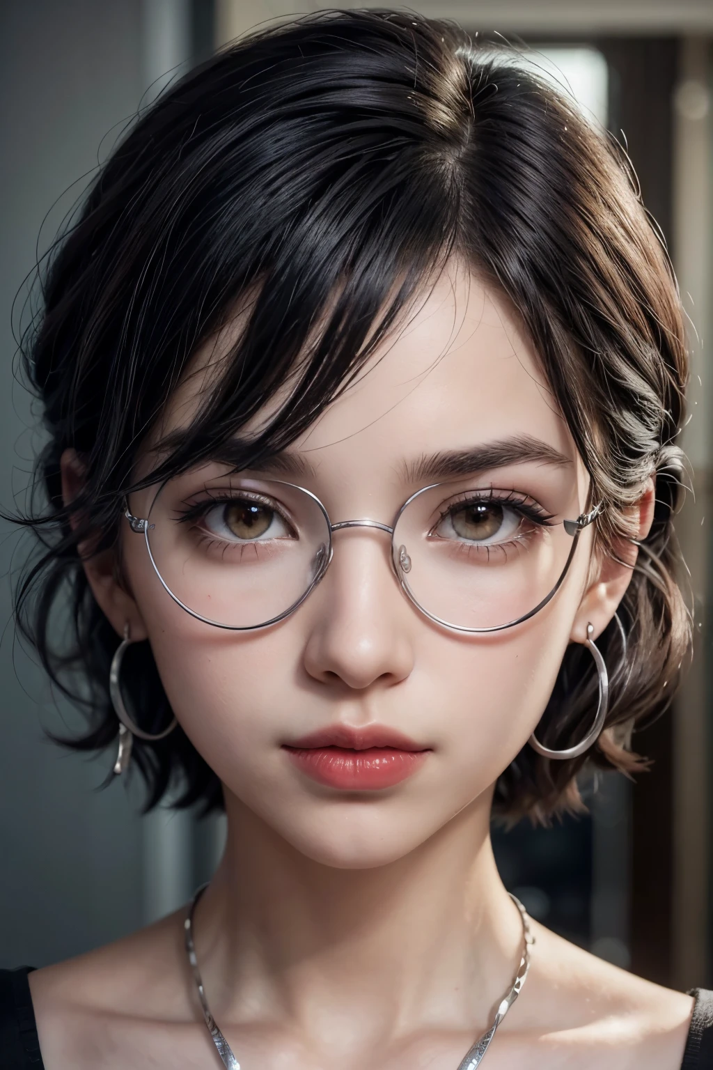 my hero academia character, girl with short shoulder-length black hair with red strands, you have light brown skin, Brown eyes, 4 earrings in the left ear and 3 earrings in the right ear all silver in color, curled eyelashes, Red lipstick, a silver necklace, magnifying glasses black and height 1.66 cm
