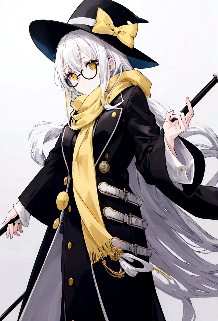 Cold anime girl with white hair wearing a black overcoat,yellow scarf,bowler hat and wearing a round glasses while holding a cane