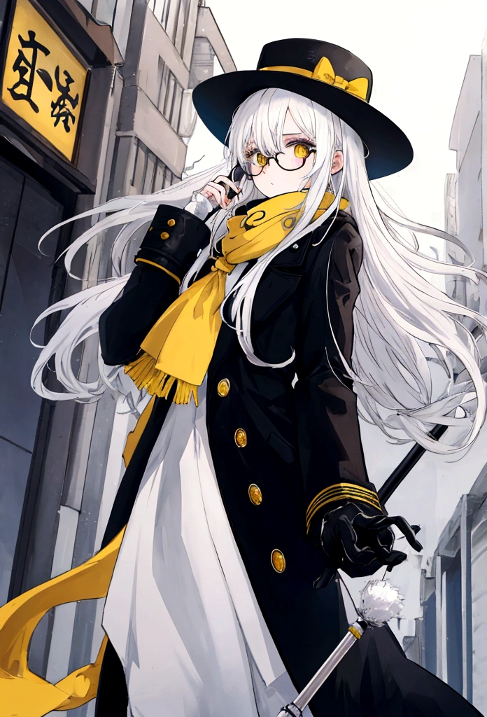 Cold anime girl with white hair wearing a black overcoat,yellow scarf,bowler hat and wearing a round glasses while holding a cane