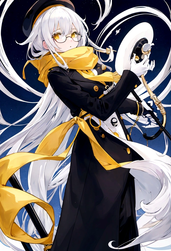 Cold anime girl with white hair wearing a black overcoat,yellow scarf,bowler hat and wearing a round glasses while holding a cane