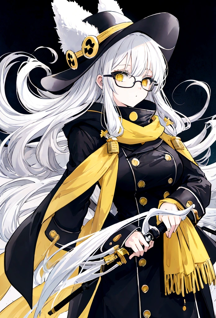 Cold anime girl with white hair wearing a black overcoat,yellow scarf,bowler hat and wearing a round glasses while holding a cane