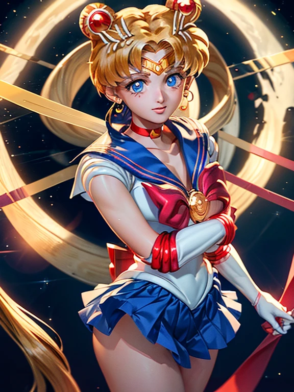 Realistic Anime CG Style, 8K, masterpiece, highest quality, High Resolution, Month 1, 1 girl, alone, Sailor Warrior Uniforms, ((Sailor Moon:1.3)), ((Usagi Tsukino:1.2)), blonde, Magical girl, blue eyes, White panties, ((Red ribbon:1.5)), Red scarf, Elbow hand pockets, Pleated skirt, Navy blue mini skirt, choker, White gloves, jewelry, Earrings, smile, The background is space (Amazing details, Excellent lighting, Wide-angle), full moon, ((Showing panties:1.5)),