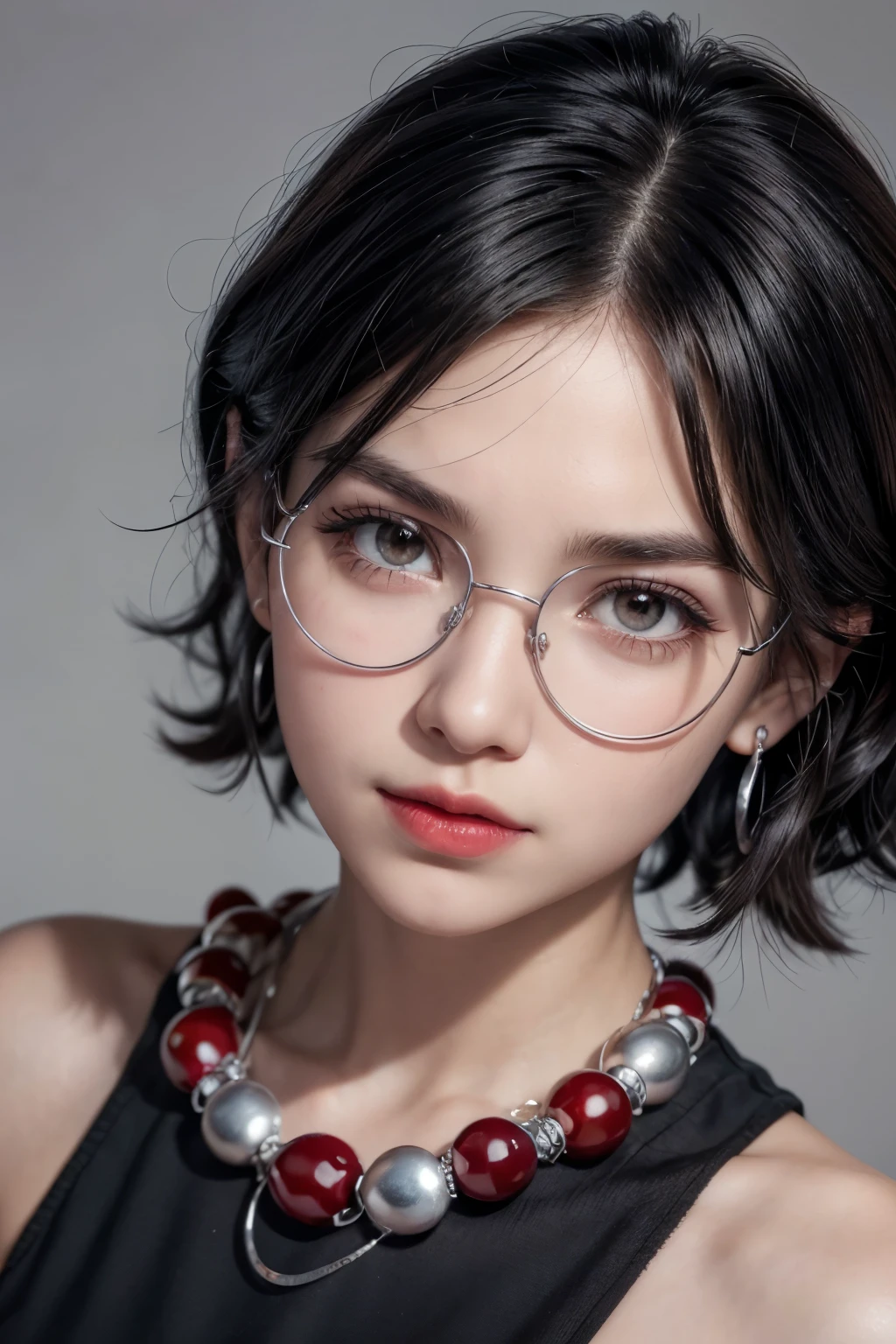 my hero academia character, girl with short shoulder-length black hair with red strands, you have light brown skin, Brown eyes, 4 earrings in the left ear and 3 earrings in the right ear all silver in color, curled eyelashes, Red lipstick, a silver necklace, magnifying glasses black and height 1.66 cm 