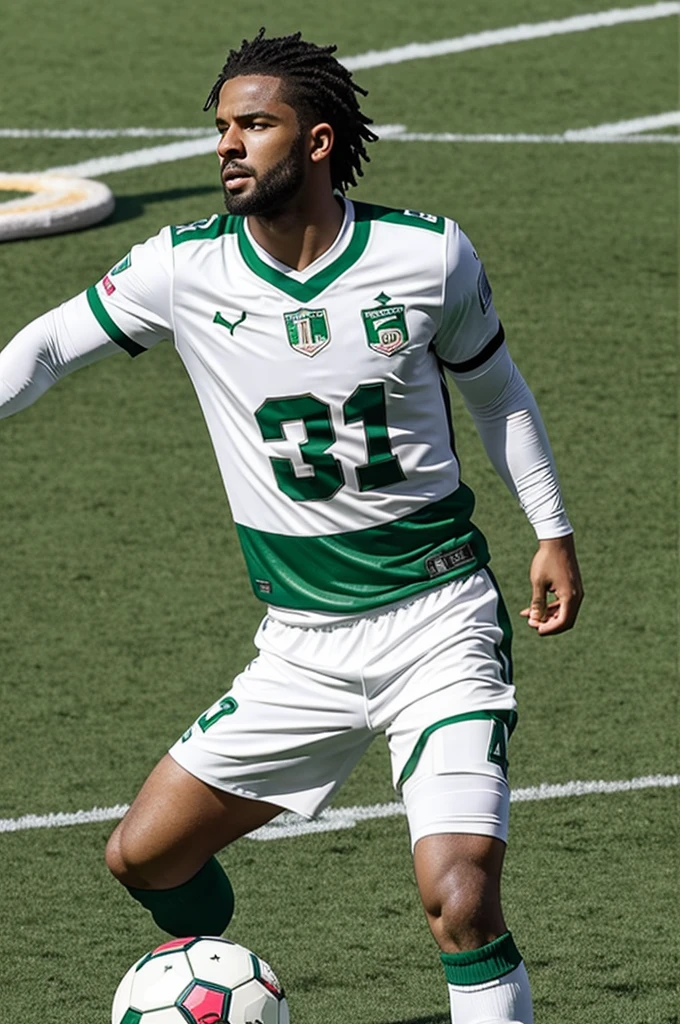 A football team with a white and green kit and the shield that is a real life style star