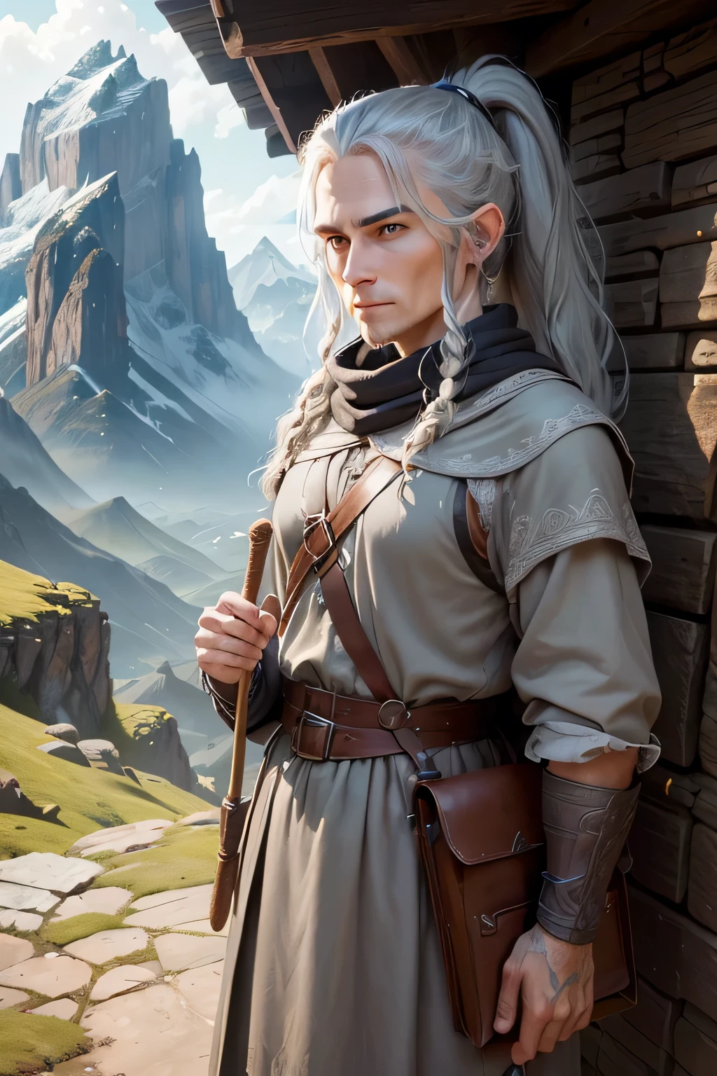 ((best qualityer)), ((work of art)), (detailded), 4K, hight contrast, work of art, 1 ranger elfo , glad ,long gray hair ,ponytail ,in the background magnificent mountains ,similar to the works of JRR Tolkien, clear lighting, detailed shadows
