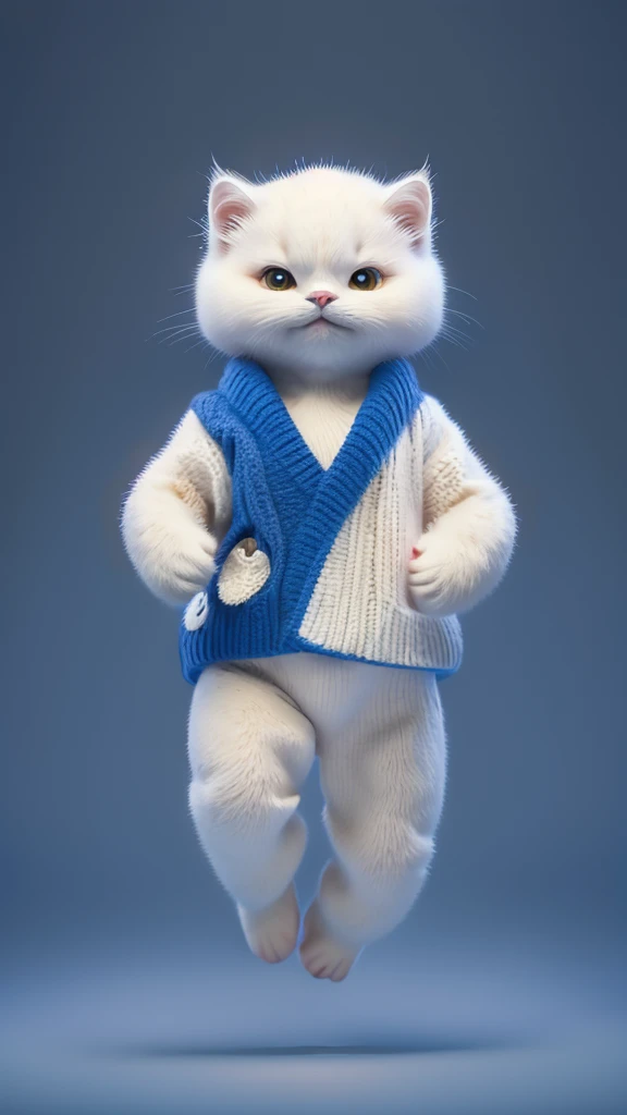“A unique and dynamic depiction of a white cat wearing a blue judo uniform standing in a human-like posture with feet shoulder-width apart and arms down, high-definition, 8K image, background with a grey gradient.”